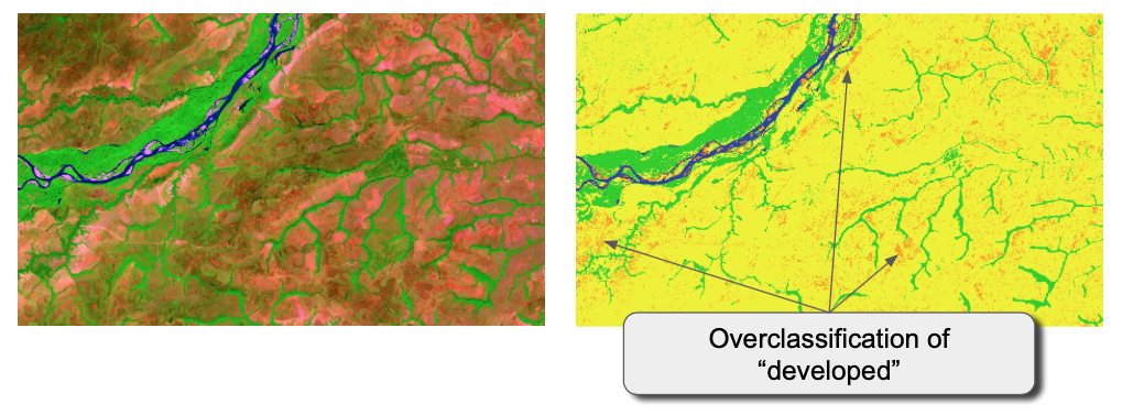 Overclassification of the "developed" class near the Meta River in Northeastern Colombia. Colors and interpretation as in prior figure