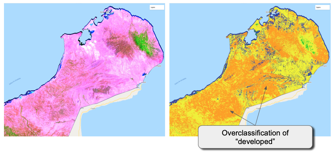 The false-color image (SWIR band in red, NIR band in green, red band in blue) on the left shows areas of sparse herbaceous vegetation with substantial soil or sand visible as well. These bright areas occupy a similar portion of the spectral space as the developed class, resulting in a classification with an abundance of labels of developed.