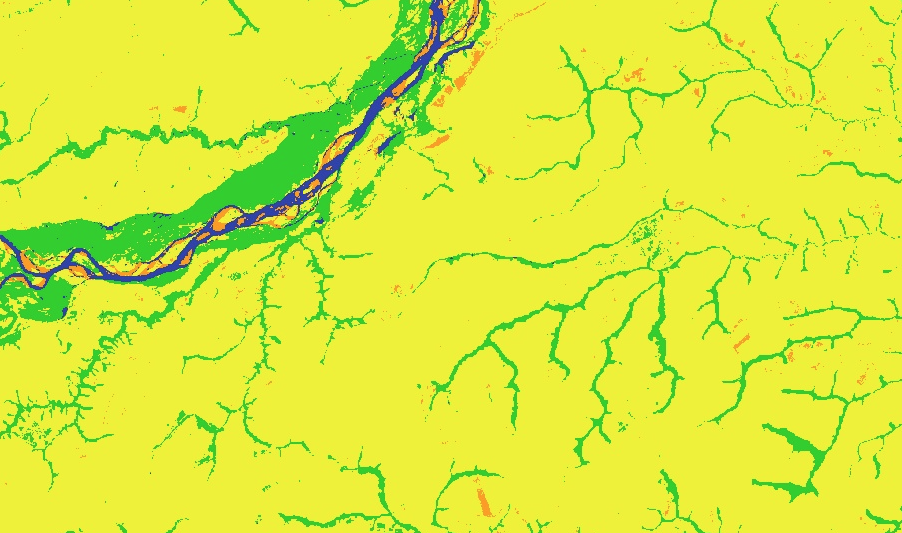 The result of the random forests classifier applied to the two-year composite for the same area shown above. Note the substantial reduction in areas classified as developed.